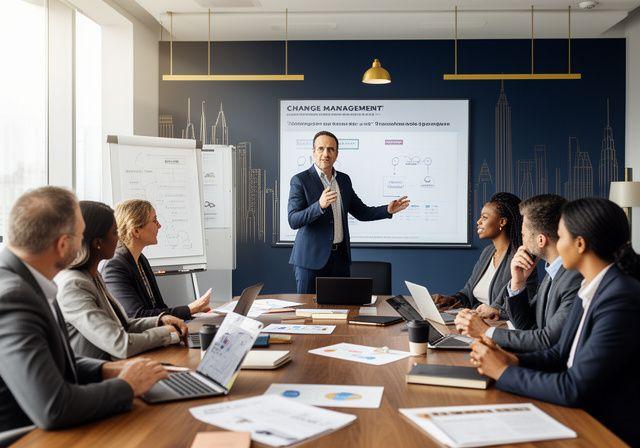 Manager che guida un team durante un workshop sulla gestione del cambiamento