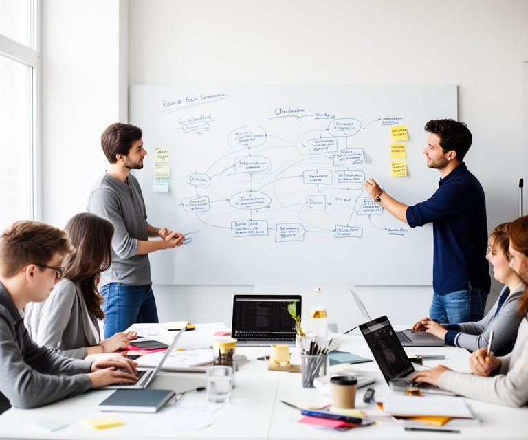 Team startup tecnologica in spazio di lavoro luminoso con lavagna, laptop e flussi di processo visualizzati